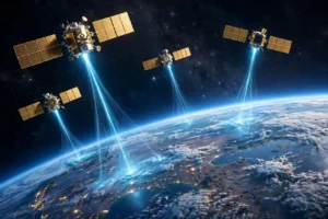 Satellites with solar panels orbiting Earth, sending signals to the surface