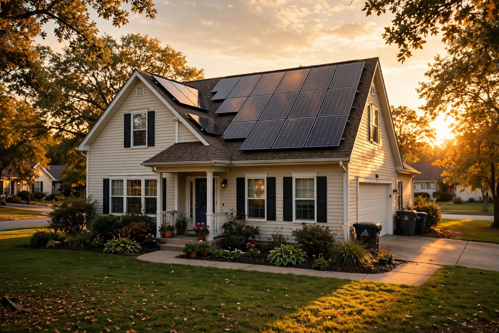 Rooftop solar panels on an American suburban home at sunset u2014 how solar panels work