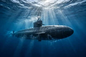 A large submarine cruising just below the ocean surface with sunlight rays penetrating deep blue water — how submarines work