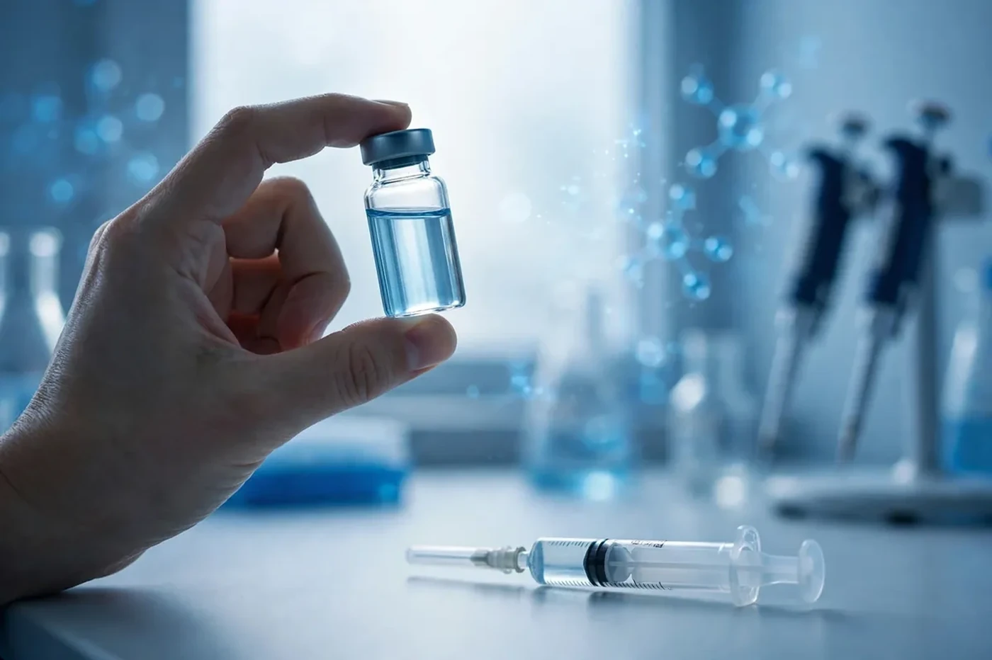 Hand holding a vaccine vial with a syringe in a laboratory — how do vaccines work