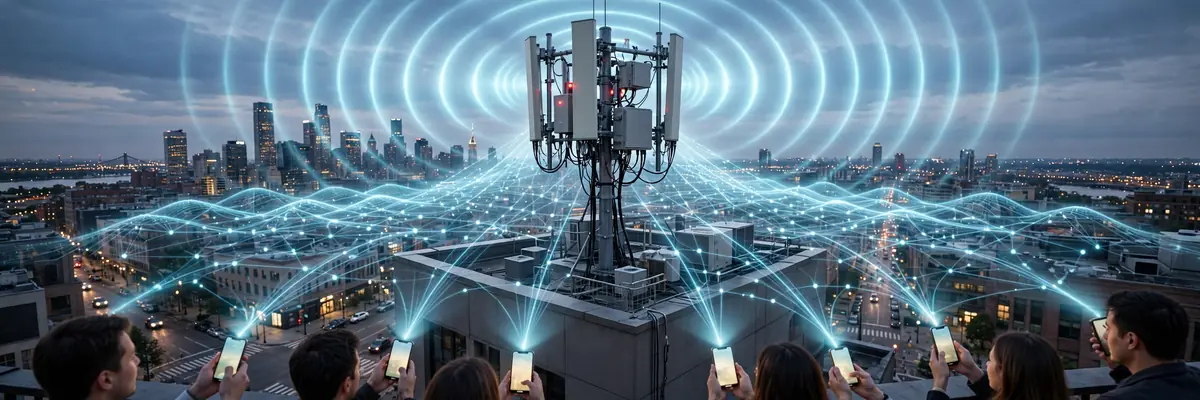 5G cell tower radiating network signals over an American city skyline at dusk — how 5G works