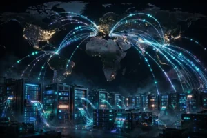 Illustration of glowing fiber optic cables and data streams connecting cities worldwide
