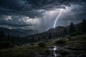 A dramatic lightning bolt striking over a dark stormy landscape at night with illuminated storm clouds — how lightning works