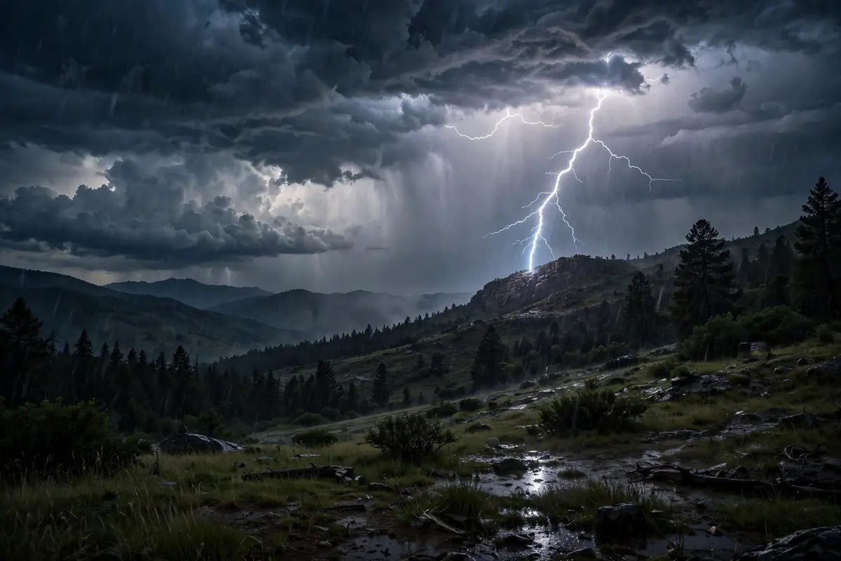 A dramatic lightning bolt striking over a dark stormy landscape at night with illuminated storm clouds — how lightning works