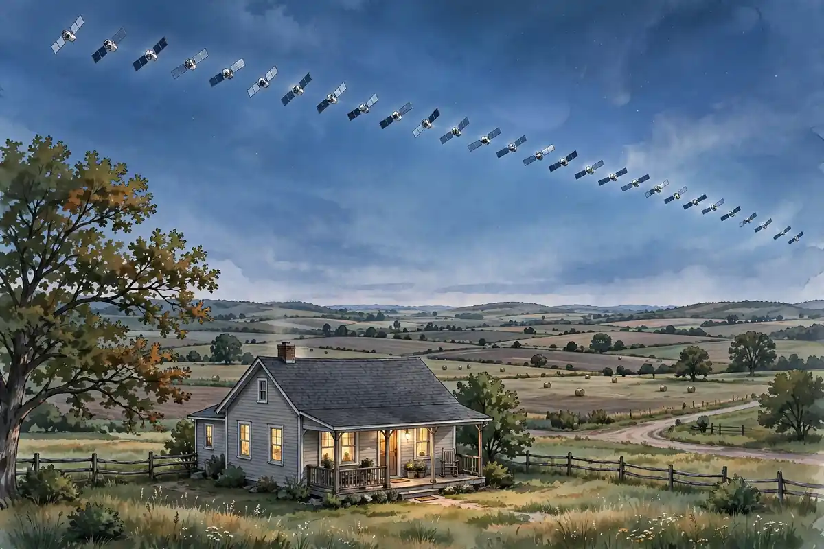Starlink satellites in low Earth orbit above a rural American house — how Starlink works