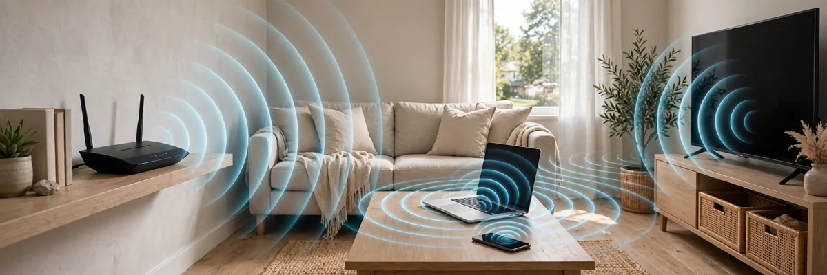 WiFi router emitting wireless signal waves through an American living room toward connected devices — how WiFi works