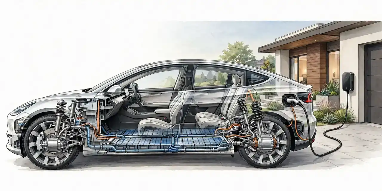 Cutaway illustration of an electric car showing the battery pack and electric motor