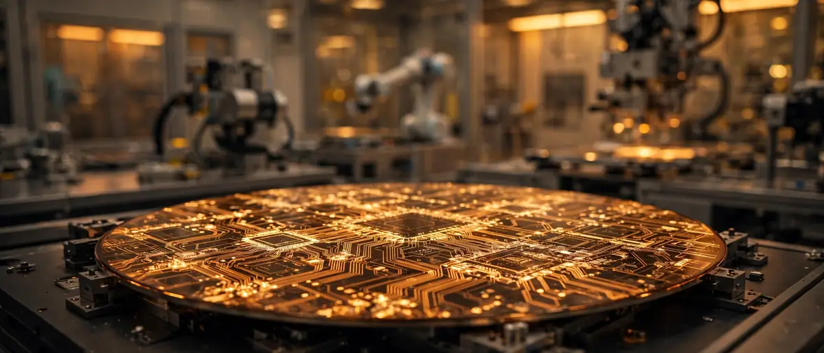 Silicon wafer with glowing microchip circuitry in a cleanroom factory with robotic arms — how microchips are made