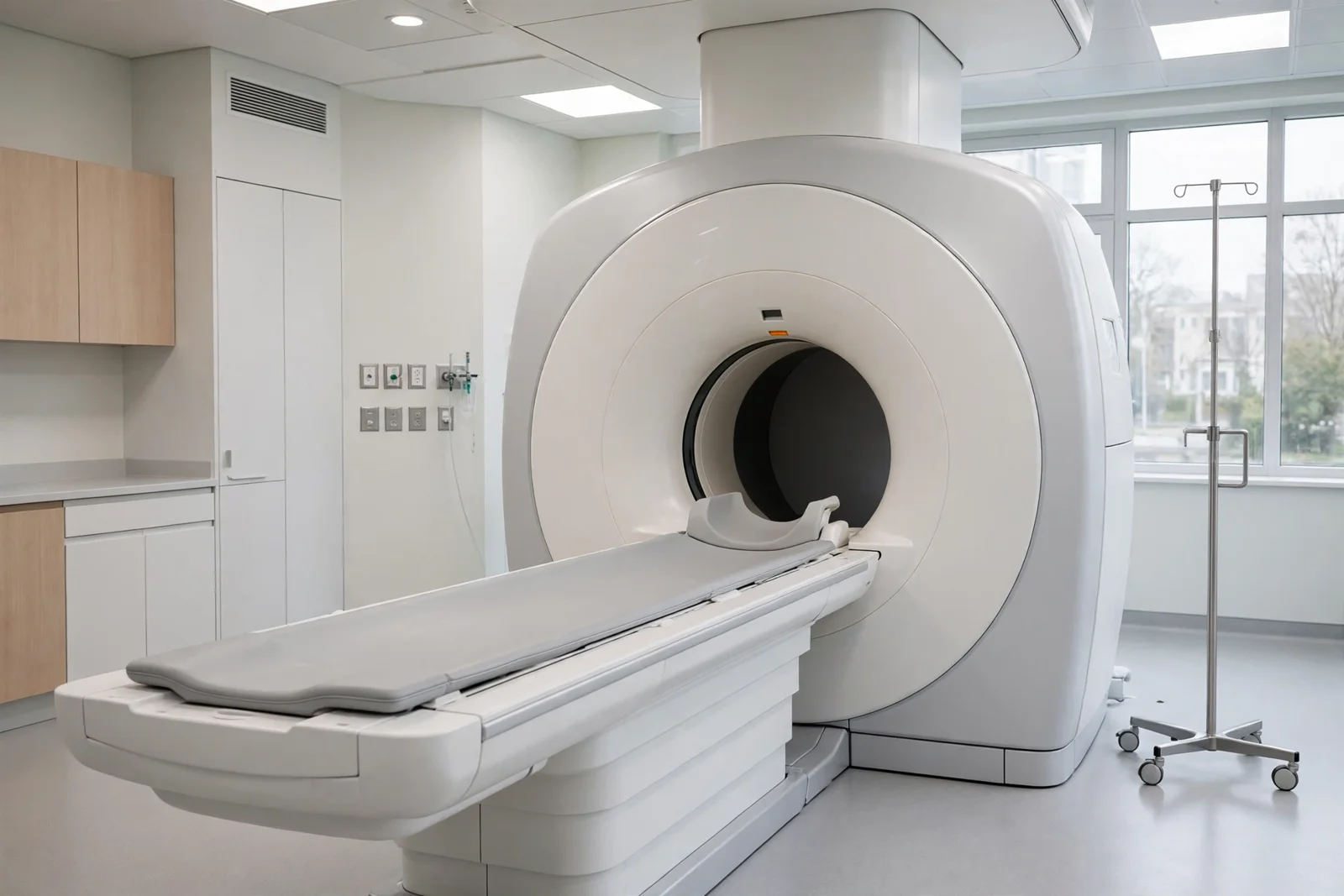 A modern MRI scanner machine in a bright, clean hospital room with the patient table extended — how MRI machines work