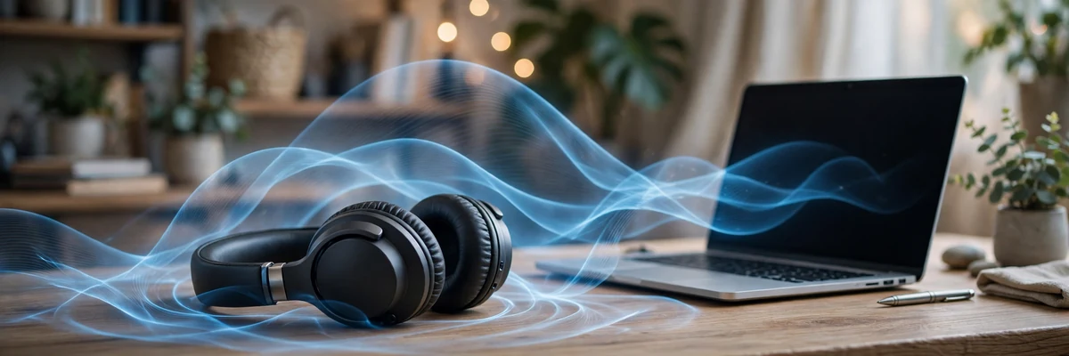 Black over-ear headphones on a desk with flowing blue sound waves around them — how noise-cancelling headphones work