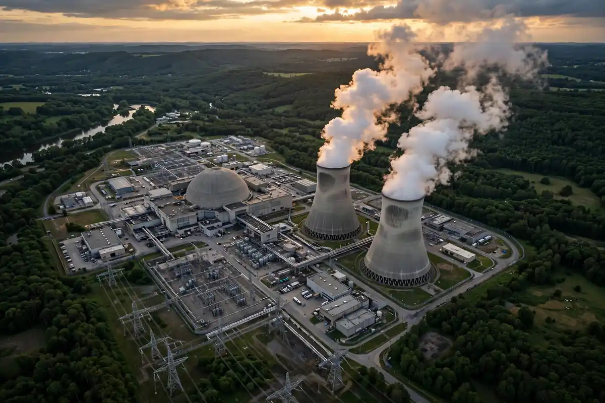 Aerial view of a nuclear power plant with cooling towers releasing steam at dusk — how nuclear power plants work
