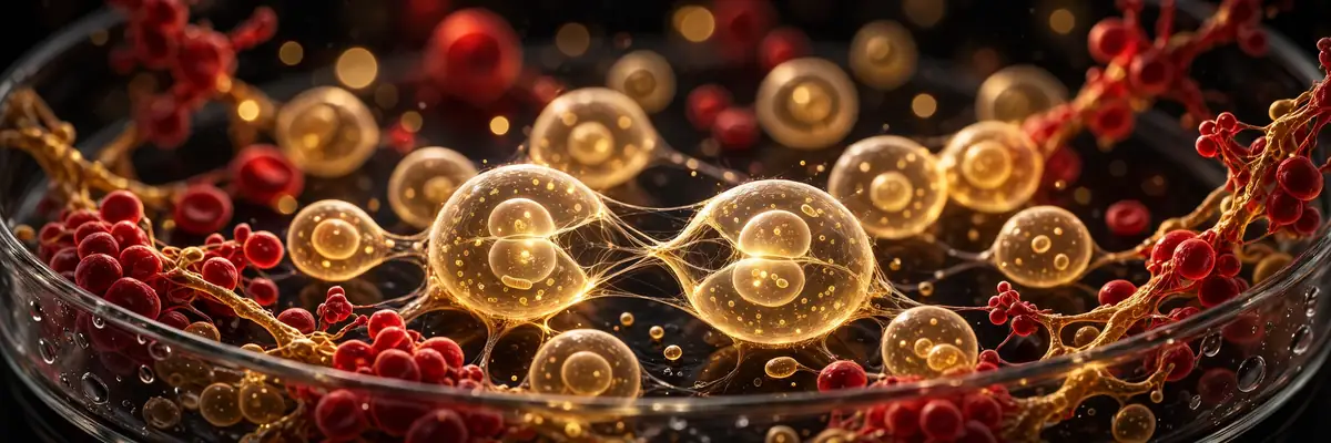 Glowing stem cells dividing in a petri dish with red cellular structures — what are stem cells
