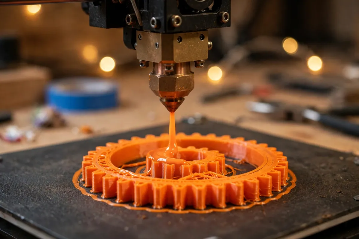 3D printer nozzle extruding orange filament to build a gear layer by layer — what is 3D printing