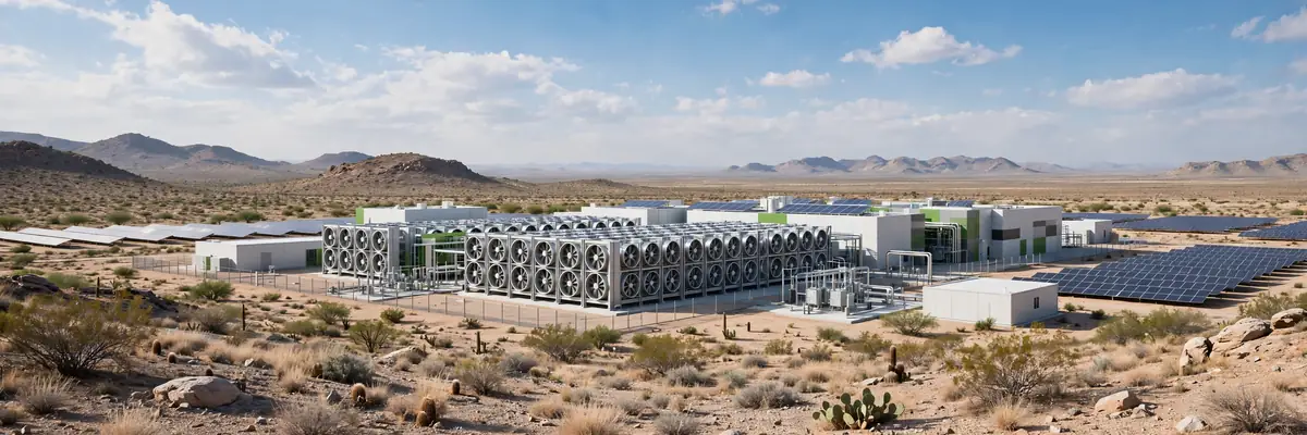 Direct air capture facility with large fan arrays in a Texas desert landscape — what is carbon capture