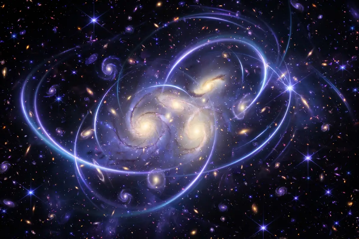 Galaxy cluster with glowing gravitational lensing arcs in deep space — what is dark matter
