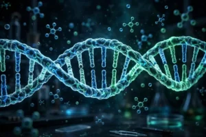 Glowing DNA double helix molecule in blue and green light