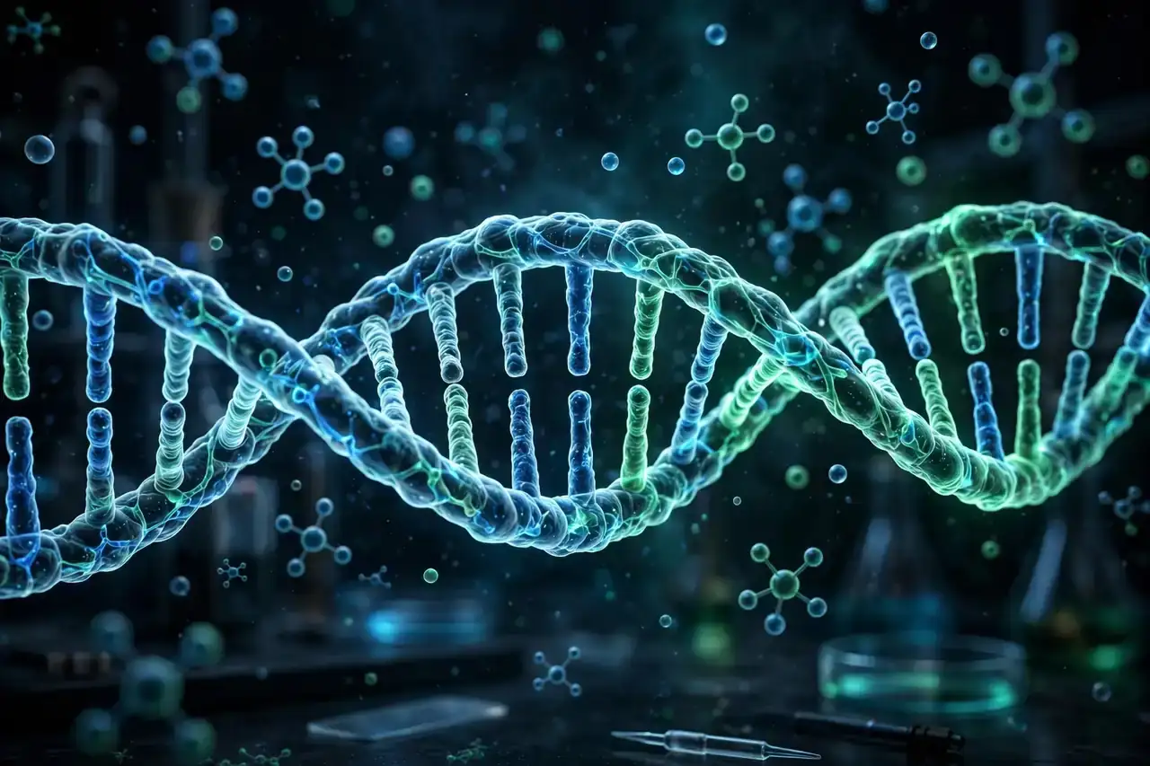 Glowing DNA double helix molecule in blue and green light