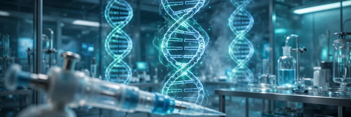 Glowing DNA double helix in a medical laboratory with a pipette in the foreground — what is gene therapy