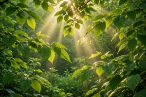 Sunlight rays filtering through sunlit green leaves with dew drops — what is photosynthesis