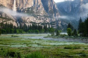 Yosemite Valley granite cliffs and waterfall